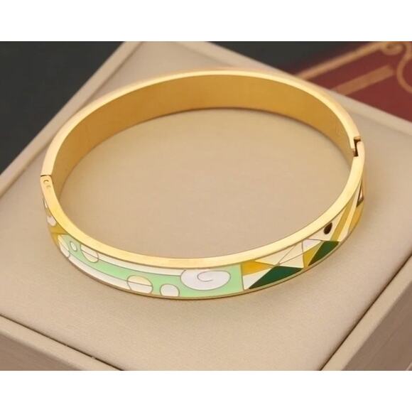 RETAIL $40 Greens & White Enamel Bangle*18K Gold Overlay on stainless steel - Picture 1 of 1